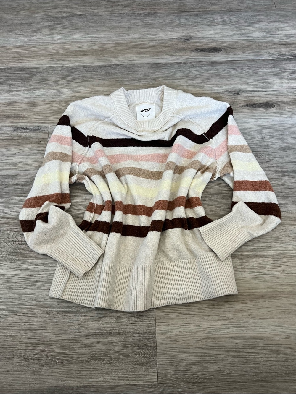 aerie Cream Striped Crewneck Sweater with Brown, Pink & Yellow Accents